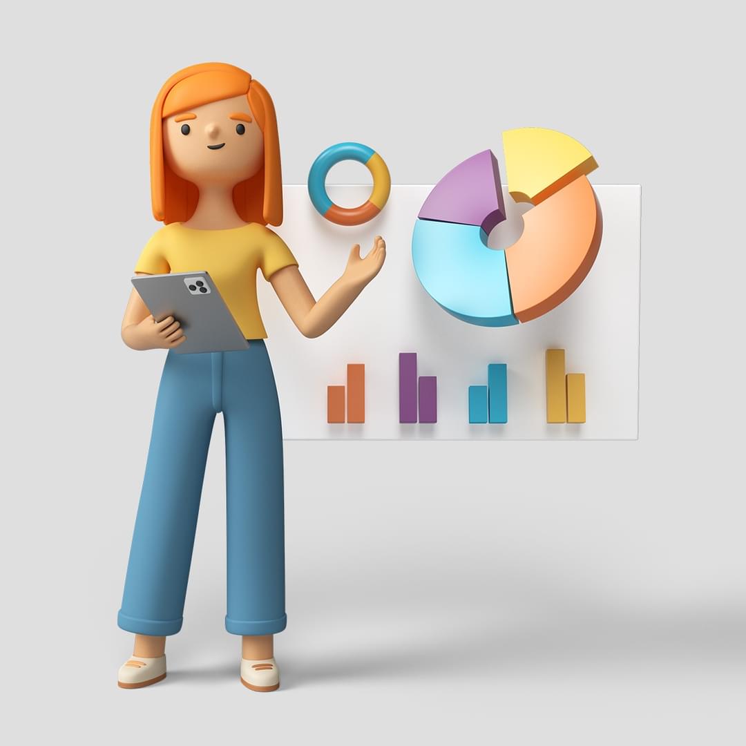 3d female character holding tablet and pointing to pie chart